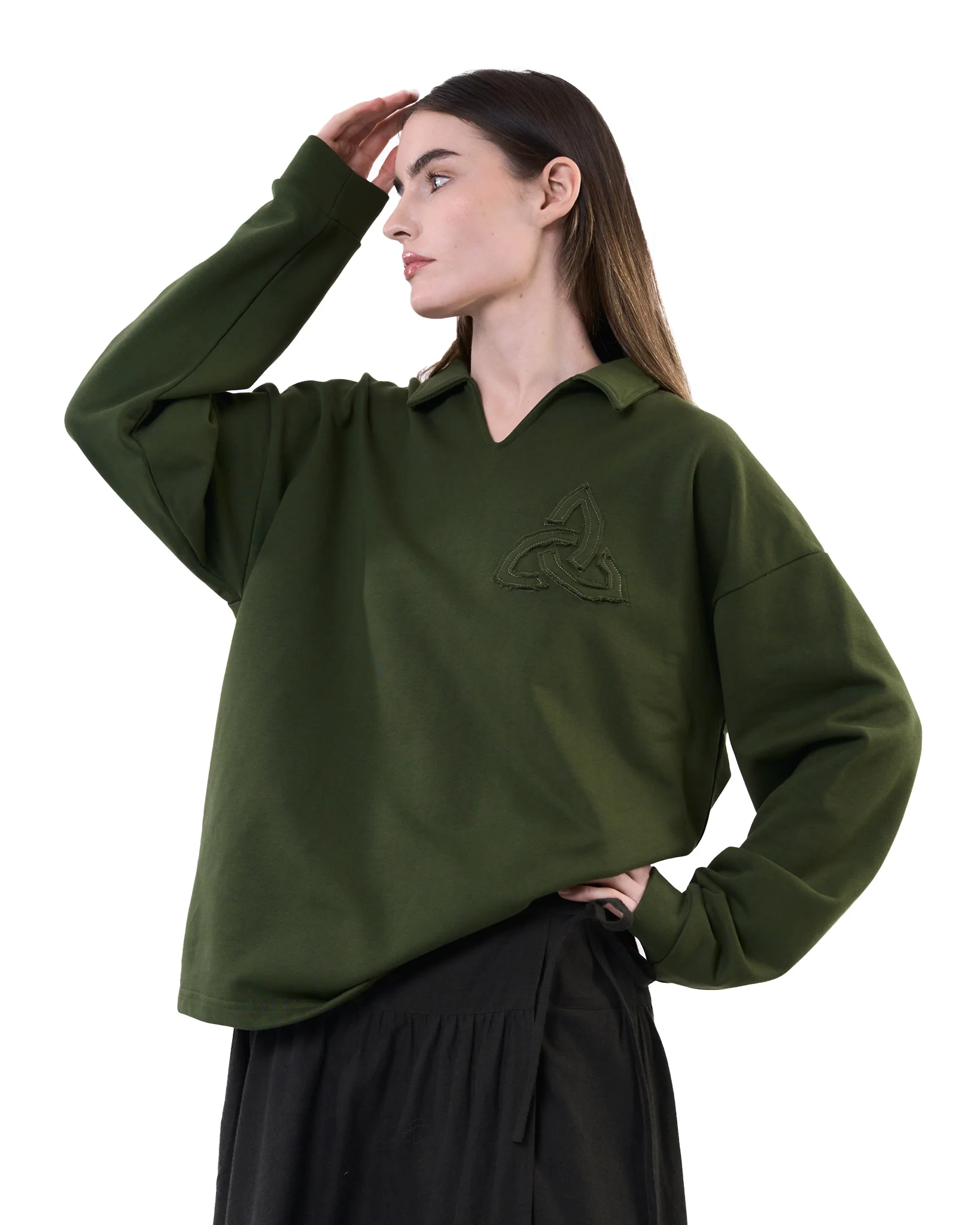 Appliqué Polo Collar Sweatshirt - Green - Image 5