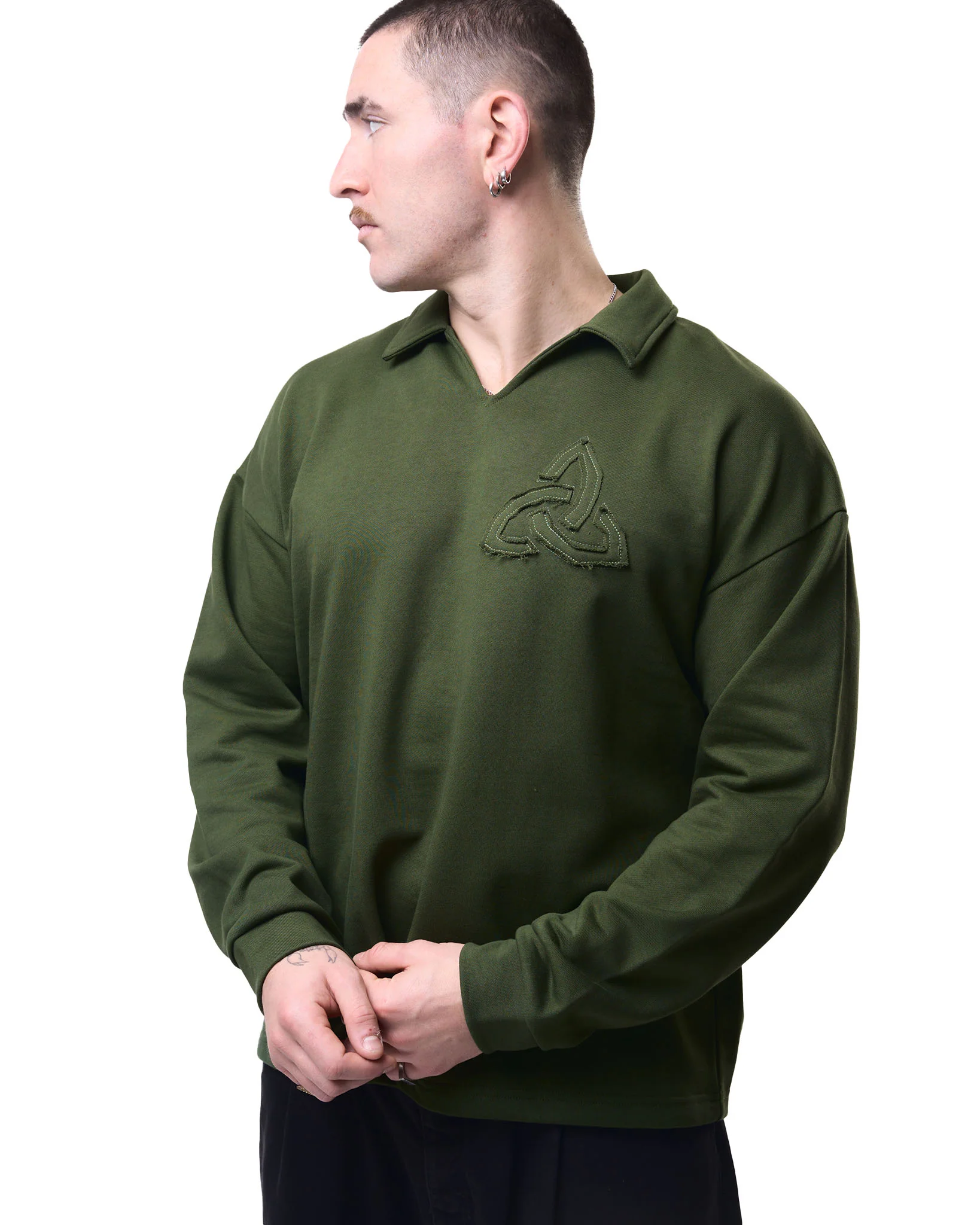 Appliqué Polo Collar Sweatshirt - Green - Image 7